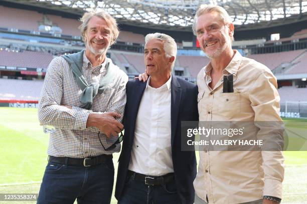 Nice's French club president Jean-Pierre Rivere poses with British INEOS Group chairman Jim Ratcliffe and CEO of INEOS Football Bob Ratcliffe prior...