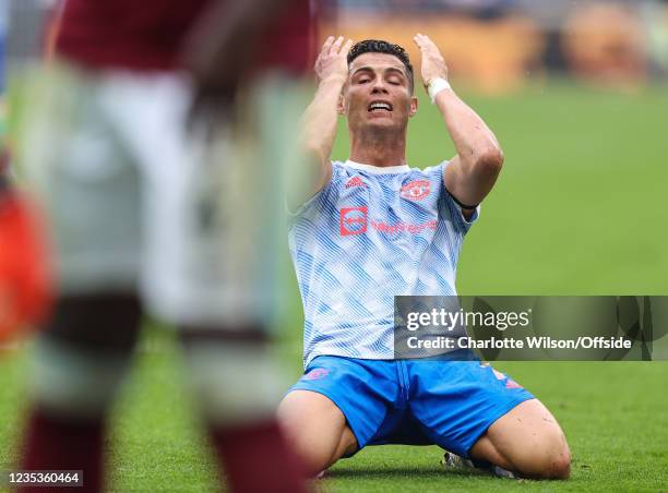 Cristiano Ronaldo of Man Utd reacts after his appeal for a penalty is denied during the Premier League match between West Ham United and Manchester...