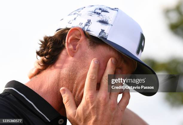 Kristoffer Broberg of Sweden reacts at the 18th green after winning the Dutch Open at Bernardus Golf on September 19, 2021 in Cromvoirt,...