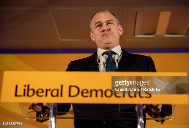 Liberal Democrat leader Ed Davey delivers his speech to a small audience at the party's online autumn conference on September 19, 2021 in London,...
