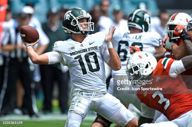 Michigan State quarterback Payton Thorne passes in the second quarter as the University of Miami Hurricanes faced the Michigan State University...
