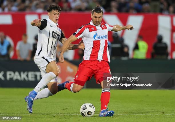 Aleksandar Dragovic of Crvena Zvezda in action against Nemanja Jovic of Partizan during the Serbian Super Liga match between FK Partizan and FK...