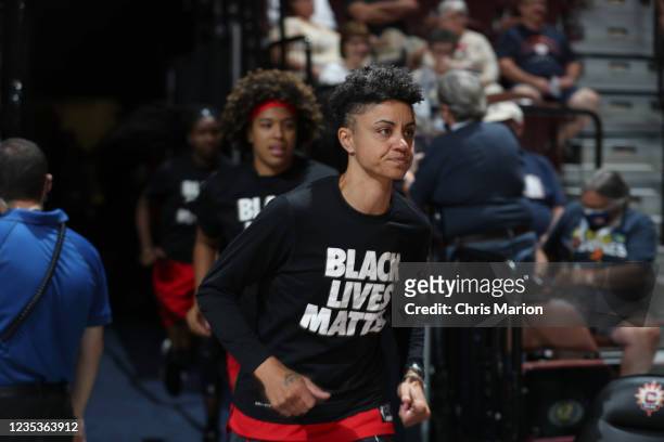Candice Dupree of the Atlanta Dream enters the court for warmups before the game against the Connecticut Sun on September 19, 2021 at the Mohegan Sun...