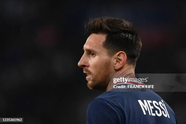 Paris Saint-Germain's Argentinian forward Lionel Messi looks on during the French L1 football match between Paris-Saint Germain and Olympique...