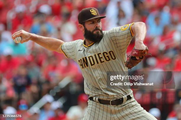 Jake Arrieta of the San Diego Padres delivers a pitch against the St. Louis Cardinals in the first inning at Busch Stadium on September 19, 2021 in...