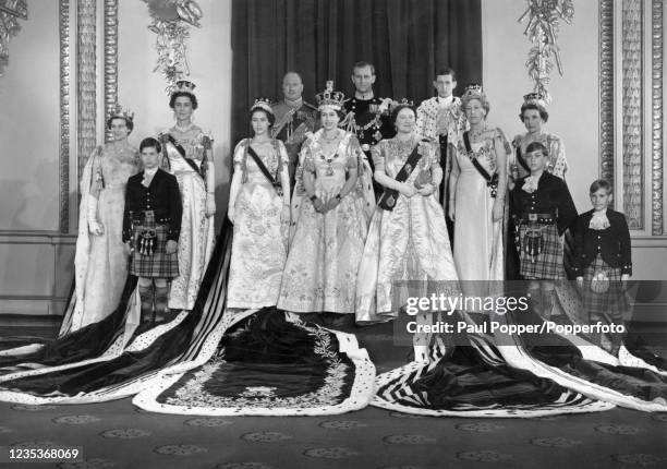 Formal portrait on the occasion of the Coronation of Queen Elizabeth II, back row: The Duke of Gloucester, The Duke of Edinburgh and The Duke of...
