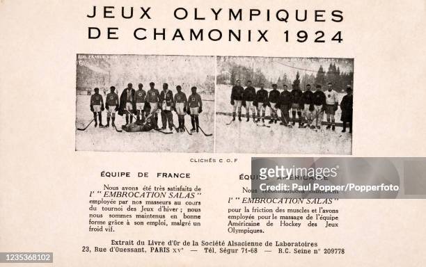 The ice hockey teams of France which placed joint-5th in the event and the United States which won the silver medal, during the 1st Winter Olympic...