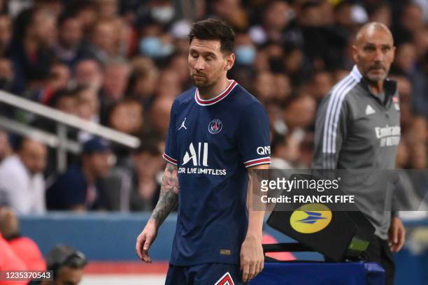 Paris Saint-Germain's Argentinian forward Lionel Messi reacts as he leaves the pitch during the French L1 football match between Paris-Saint Germain...