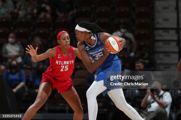 Monique Billings of the Atlanta Dream plays defense on Jonquel Jones of the Connecticut Sun on September 19, 2021 at the Mohegan Sun Arena in...