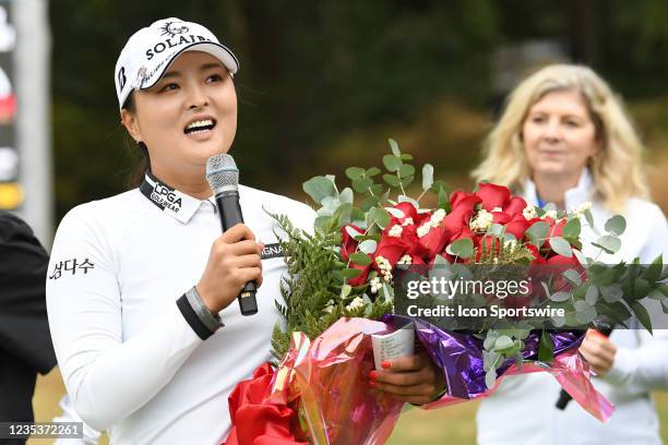 Jin Young Ko addresses the crowd after winning the Cambia Portland Classic at The Oregon Golf Club in West Linn, Oregon.