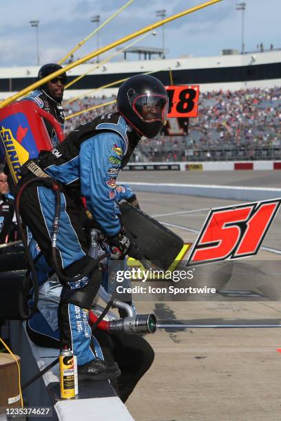 Jeremy Clements One Stop Convenience Store Chevrolet's pit crew member during the Go Bowling 250 on September 11 at the Richmond International...