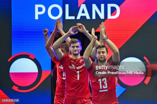 Piotr Nowakowski and Michal Kubiak of Poland during medal ceremony during the CEV European Championship Eurovolley 2021 Gold Medal match between...