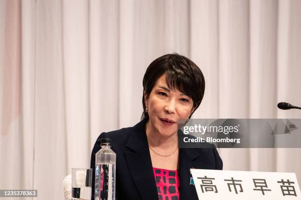 Sanae Takaichi, former internal affairs and communications minister of Japan, speaks during a debate ahead of the Liberal Democratic Party's...