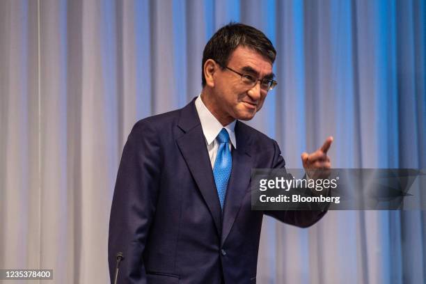 Taro Kono, Japan's regulatory reform and vaccine minister, speaks during a debate ahead of the Liberal Democratic Party's presidential election at...