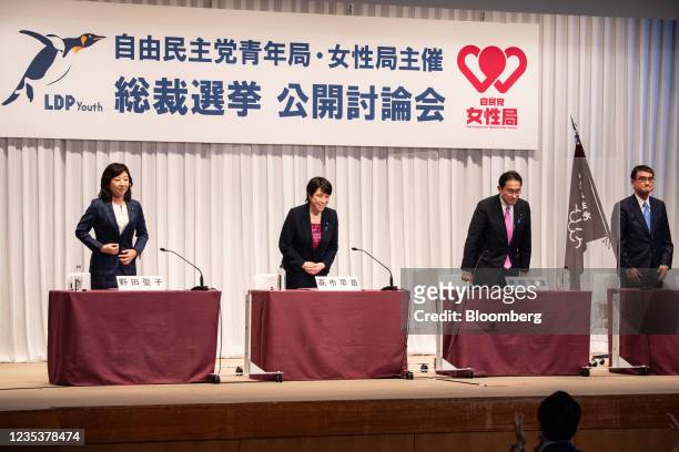 Seiko Noda, former internal affairs and communications minister of Japan, from left, Sanae Takaichi, former internal affairs and communications...