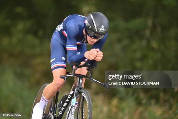 France's Kevin Vauquelin competes in the U23 men individual time trial race 3 km from Knokke-Heist to Brugge, during the UCI World Championships Road...