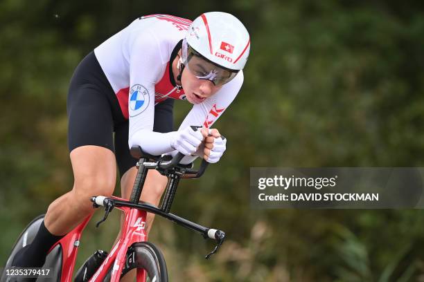 Swiss Alexandre Balmer pictured in action during the U23 men individual time trial race 3 km from Knokke-Heist to Brugge, at the UCI World...