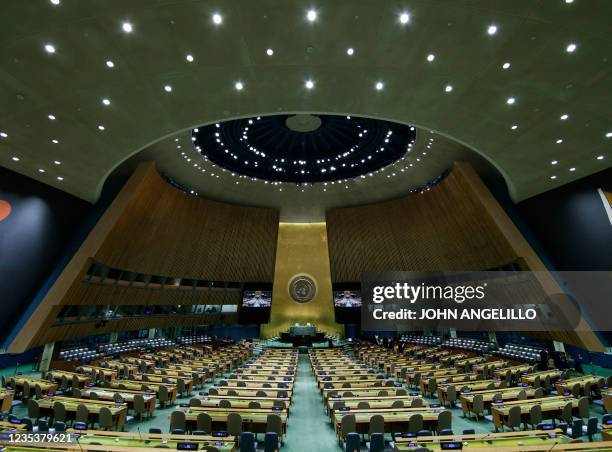 The UN General Assembly Hall is empty before the start of the SDG Moment event as part of the UN General Assembly 76th session General Debate at...