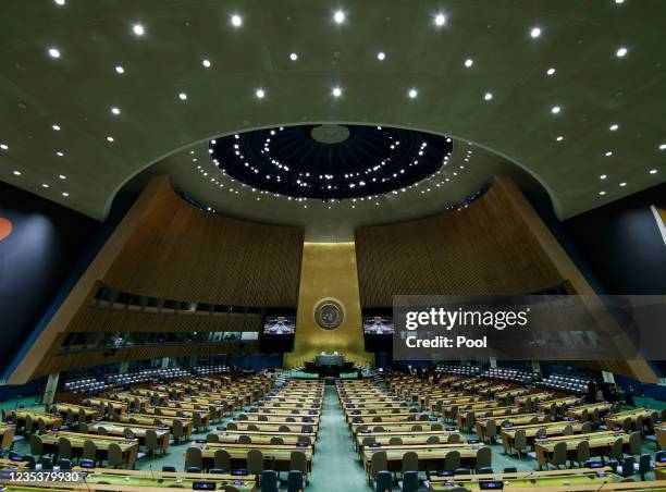 General view of the UN General Assembly Hall before the start of the SDG Moment event as part of the UN General Assembly 76th session General Debate...