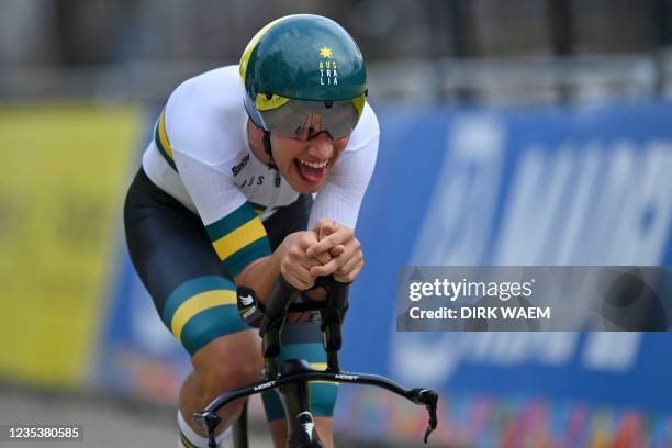 Australia's Lucas Plapp competes in the U23 men individual time trial race 3 km from Knokke-Heist to Brugge, during the UCI World Championships Road...