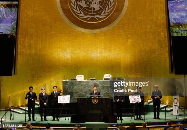 Taehyung/V, Suga, Jin, RM, Jungkook, Jimin and JHope of South Korean boy band BTS speak at the SDG Moment event as part of the UN General Assembly...