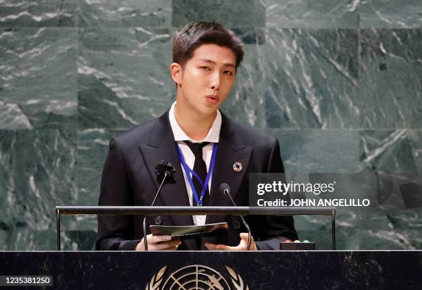 Of South Korean boy band BTS speaks with other members of the band at the SDG Moment event as part of the UN General Assembly 76th session General...