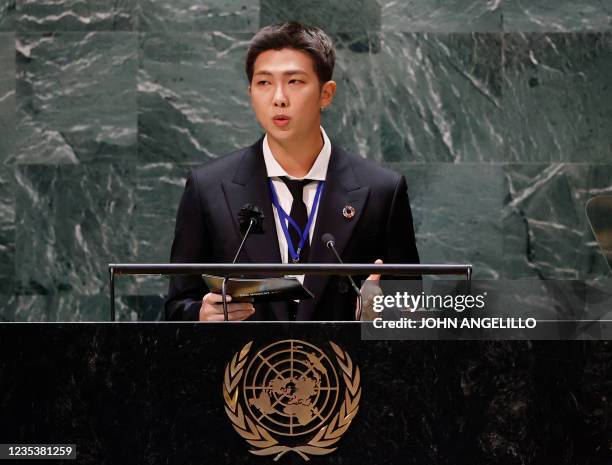 Of South Korean boy band BTS speaks with other members of the band at the SDG Moment event as part of the UN General Assembly 76th session General...