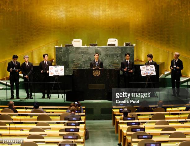 Taehyung/V, Suga, Jin, RM, Jungkook, Jimin and JHope of South Korean boy band BTS speak at the SDG Moment event as part of the UN General Assembly...