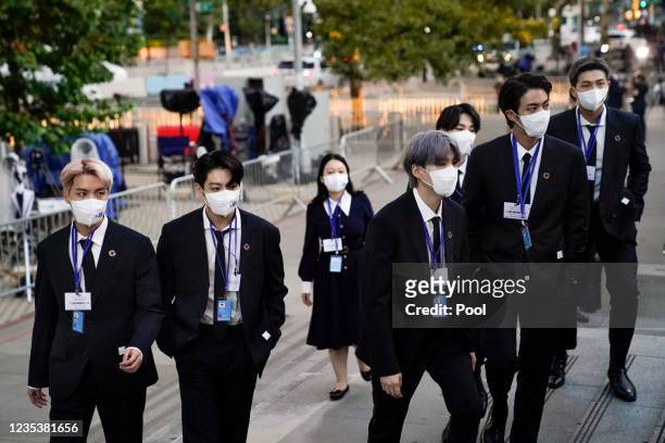 Members of the South Korean band BTS arrive at United Nations headquarters during the 76th Session of the U.N. General Assembly on September 20, 2021...