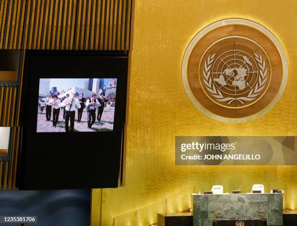 Music video of South Korean boy band BTS is viewed on the GA Hall monitors at the SDG Moment event as part of the UN General Assembly 76th session...