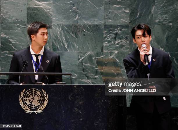 Listens as Jungkook of the South Korean boy band BTS speaks at the SDG Moment event as part of the UN General Assembly 76th session General Debate at...