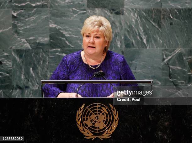 Prime Minister of Norway Ms. Erna Solberg speaks at the SDG Moment event as part of the UN General Assembly 76th session General Debate in UN General...