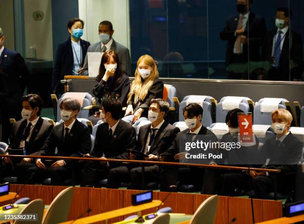 Members of the South Korean boy band BTS wear face masks before they take turns speaking at the SDG Moment event as part of the UN General Assembly...