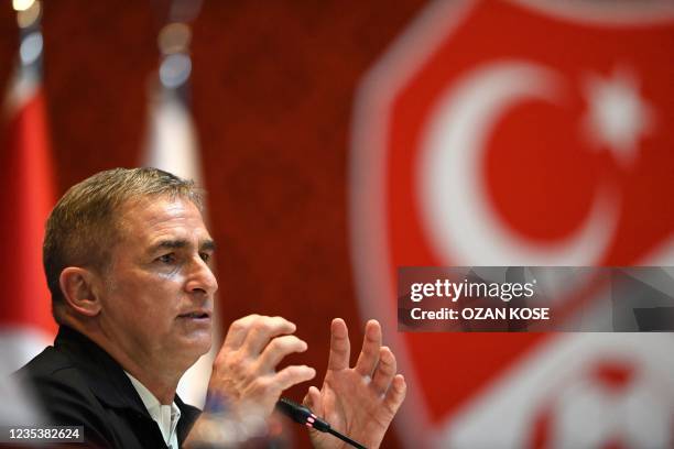 Turkey national football team's newly appointed, German head coach Stefan Kuntz, speaks during a signing ceremony at Turkish Football Federation Riva...