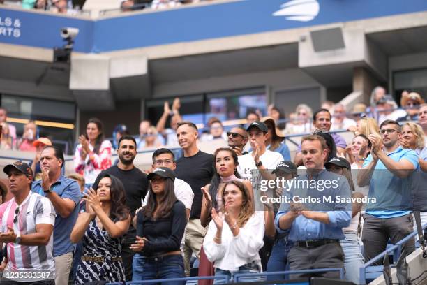 Canada Leylah Fernandez's father Jorge and mother Irene in front row of stands during Women's Final vs Great Britain Emma Raducanu at Arthur Ashe...