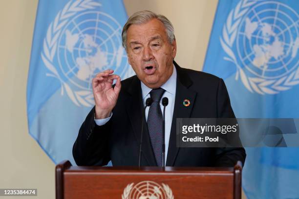 Antonio Guterres, Secretary General of the United Nations, speaks to reporters after a meeting with British Prime Minister Boris Johnson at United...