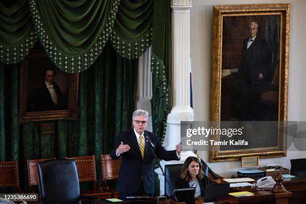 Lt. Gov. Dan Patrick speaks in the Senate chamber on the first day of the 87th Legislature's third special session at the State Capitol on September...