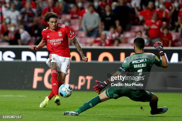 Darwin Nunez of SL Benfica vies with Boavista FC's goalkeeper Rafael Bracali during the Portuguese League football match between SL Benfica and...