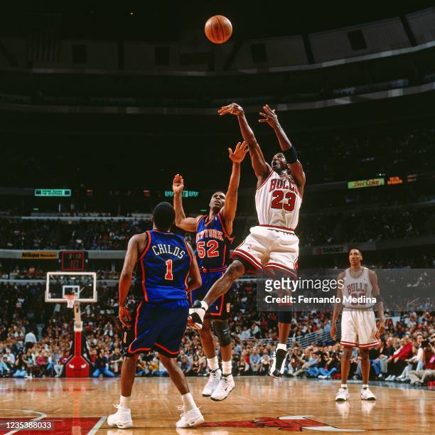 Michael Jordan of the Chicago Bulls shoots the ball against the New York Knicks on April 18, 1998 at the United Center in Chicago, Illinois. NOTE TO...