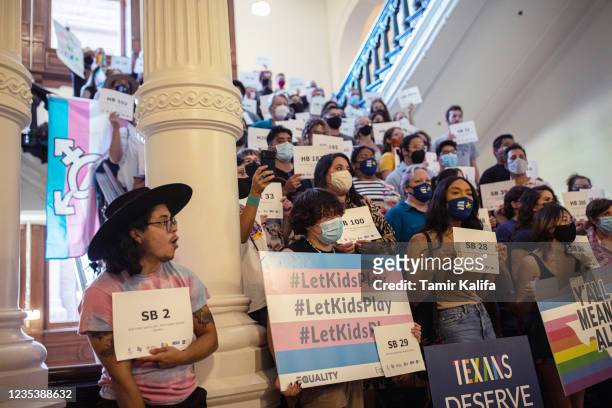 Rights supporters gather at the Texas State Capitol to protest state Republican-led efforts to pass legislation that would restrict the participation...