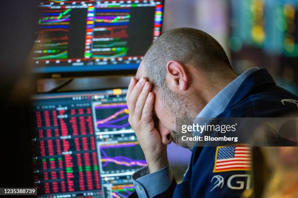 Trader works on the floor of the New York Stock Exchange in New York, U.S., on Monday, Sept. 20, 2021. The global stock rout sparked by investor...