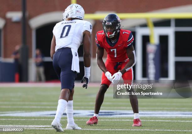 Liberty Flames defensive back Marcus Haskins defends Old Dominion Monarchs wide receiver Ali Jennings III during a game between the Old Dominion...
