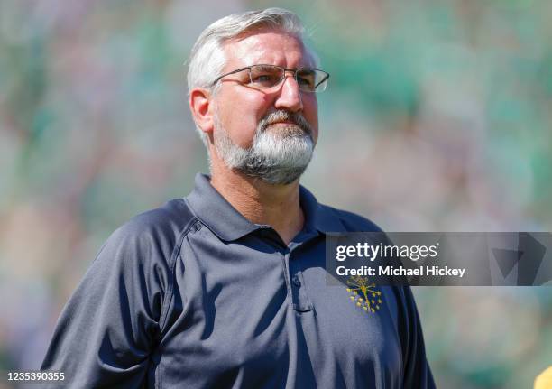 Eric Holcomb, Governor of the State of Indiana is seen before the Notre Dame Fighting Irish and Purdue Boilermakers game at Notre Dame Stadium on...