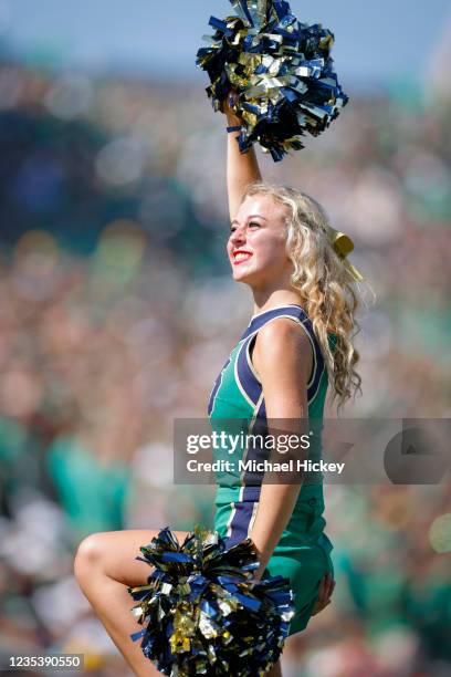 Notre Dame Fighting Irish cheerleader is seen during the game against the Purdue Boilermakers at Notre Dame Stadium on September 18, 2021 in South...