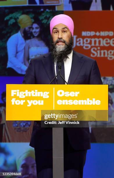 New Democratic Party Leader Jagmeet Singh delivers remarks at an election night event on September 20, 2021 in Vancouver, Canada. For the first time...