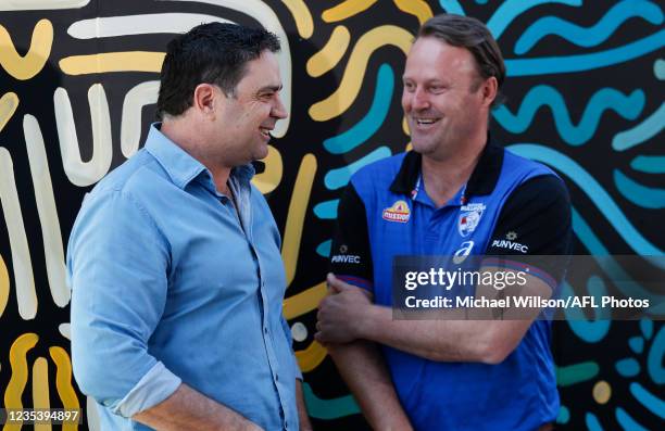 Grand Final Premiership Cup Presenters Garry Lyon and Chris Grant chat at Yagan Square on September 21, 2021 in Perth, Australia.