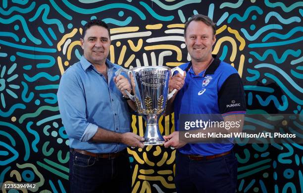 Grand Final Premiership Cup Presenters Garry Lyon and Chris Grant pose for a photograph at Yagan Square on September 21, 2021 in Perth, Australia.