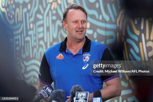 Grand Final Premiership Cup Presenter Chris Grant speaks with media at Yagan Square on September 21, 2021 in Perth, Australia.