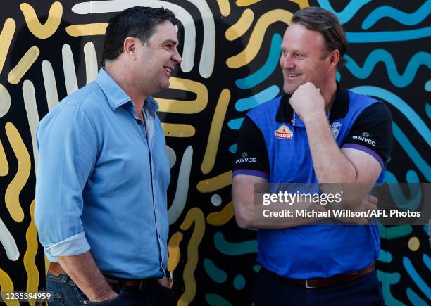 Grand Final Premiership Cup Presenters Garry Lyon and Chris Grant chat at Yagan Square on September 21, 2021 in Perth, Australia.