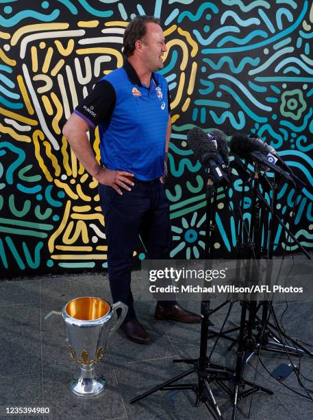 Grand Final Premiership Cup Presenter Chris Grant speaks with media at Yagan Square on September 21, 2021 in Perth, Australia.